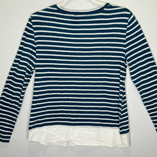 Tory Burch 100% Linen Stripe Minimalist Crew Neck Long‎ Sleeve Shirt Hem Medium - Image 2