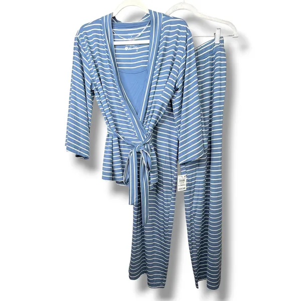 NEW State Of Day Intimates Blue Fluid-Knit Striped Lounge Pajama 3-Piece Set XS - Image 5