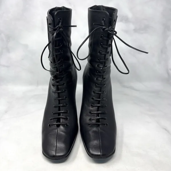 OFF-WHITE Leather Lace Up Card Holder Logo Heeled Ankle Boot Black Streetwear 36 - Image 5