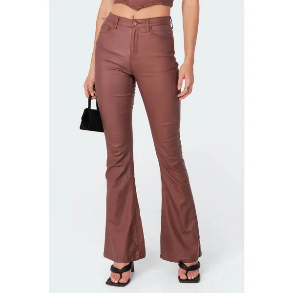 Edikted Luna Faux Leather Mid Rise Flared Jeans Size Medium Brown Chic - Image 9