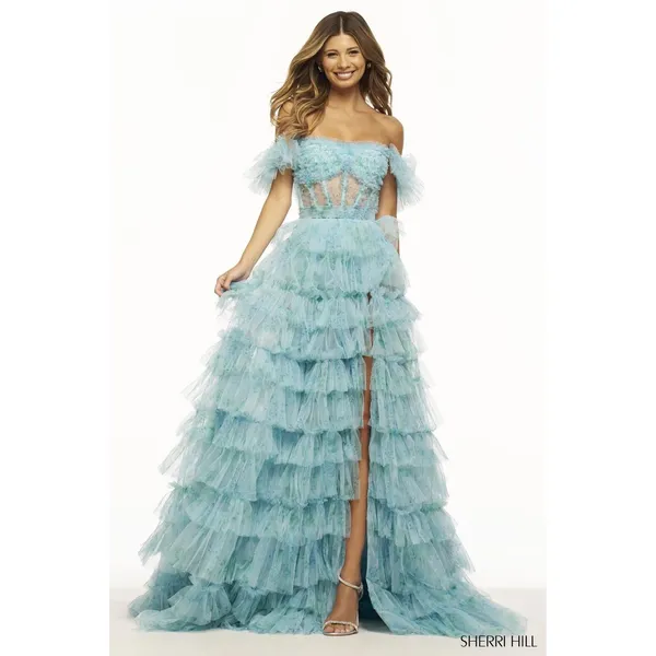 NWT‎ Sherri Hill 56074 Aqua Print Ruffle Corset Slit Gown Size 0 - Image 3
