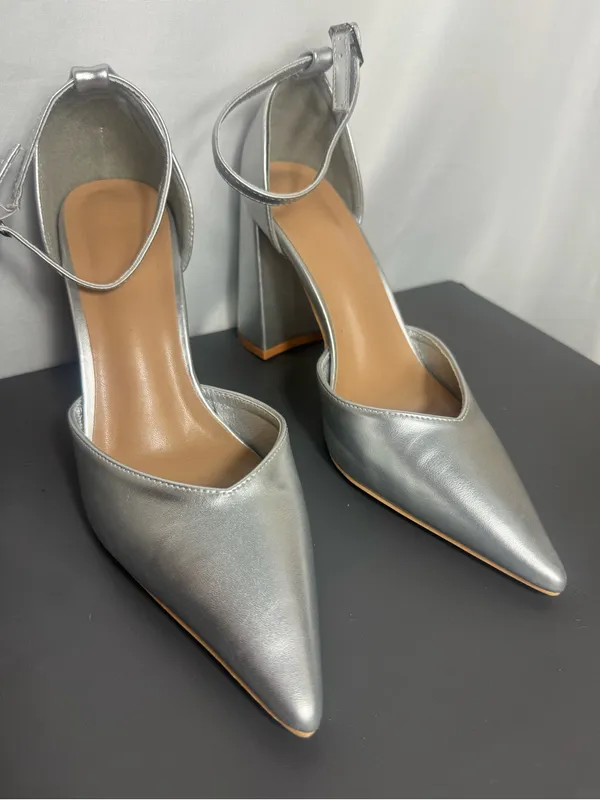 Silver Pointed-Toe wedding party elegant Block Heel Ankle Strap Pump Size 39 - Image 4