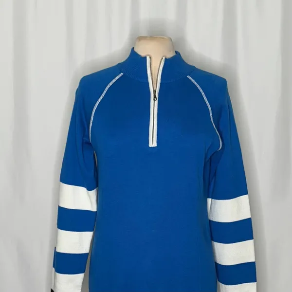 NEVE Quarter Zip Ski Sweater Blue White Striped Black Cuffs 100% Cotton X-Large - Image 3