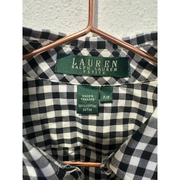 LAUREN RALPH LAUREN Black White Checkered Gingham 100% Cotton Button Up Shirt 0 - Image 5