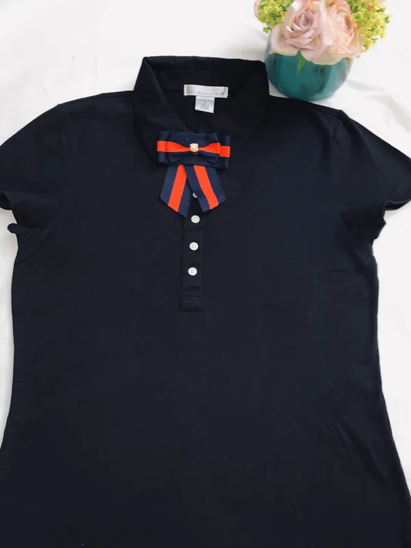 Womens Polo Shirt W/Bow Tie Black - Image 2