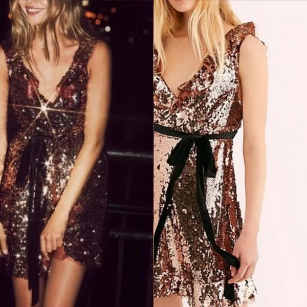 NWT Free People Sequin Siren Mini Dress Velvet Tie SZ-2 All Over Sequins - Image 3