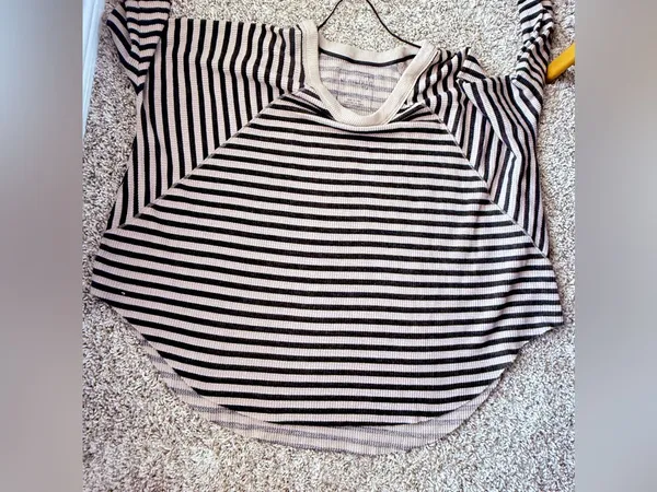 We The Free Brown Striped Slouchy Oversized Waffle-Knit V-Neck Pullover Sweater - Image 2