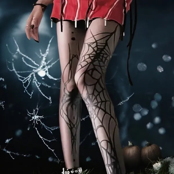 1 Pair of Women's Gothic Punk Spider Web Black Tights‎ - Image 2