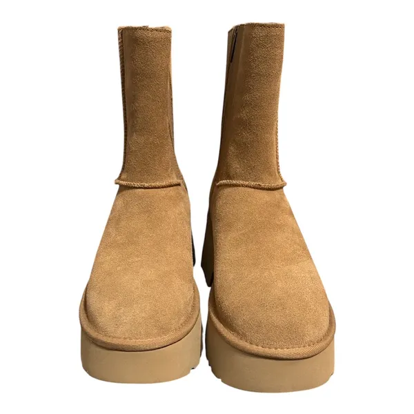 UGG suede boots with chunky platform sole. Side zipper and elastic for easy entry. Soft suede upper with clean stitching details. Neutral tan hue pairs with many outfits. - Image 3