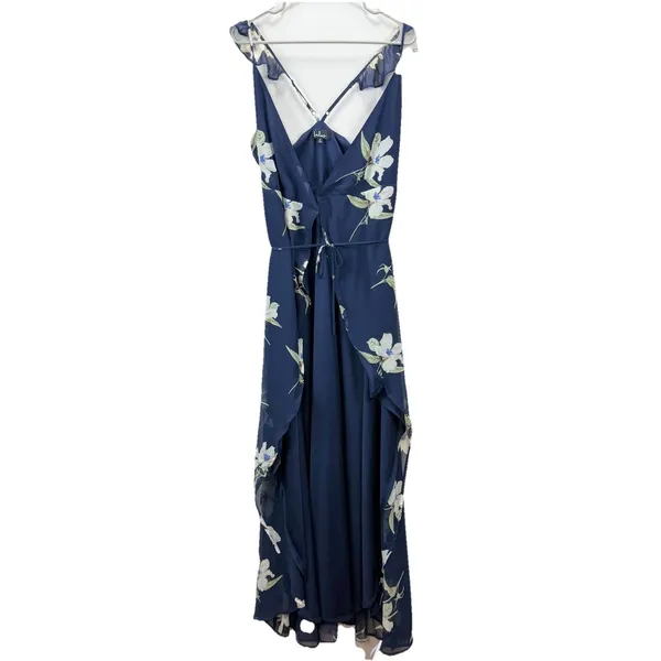 Lulus All Mine Navy Blue Floral Print High-Low‎ Wrap Dress SMALL - Image 4