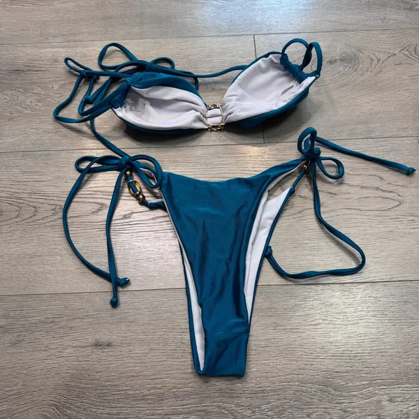 Teal Blue Shell Charm Bikini Set Gold Hardware Side‎ Tie Swimsuit Womens Small - Image 2