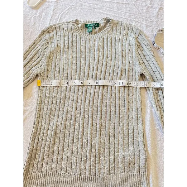 Lauren Ralph Lauren Metallic Cable Knit Sweater Women’s Medium Silver Silk Blend - Image 4