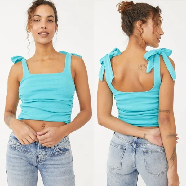 Free People Crop Top Womens Small Mint‎ Green Tie Shoulder Ruched Ribbed Boho - Image 3