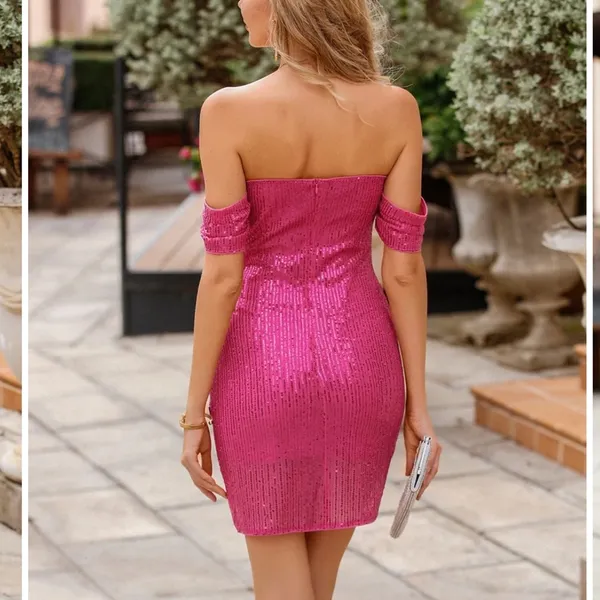 Kate Kasin Glitter Sequin V Neck Ruched Off Shoulder Bodycon Mini Dress M NWT - Image 3