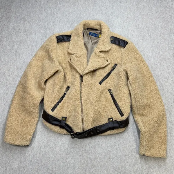 Polo Ralph Lauren Sherpa Moto Jacket Womens L Tan Off Duty Model Chic Streetwear - Image 3