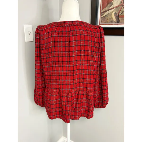 Loft Petites Red Plaid Metallic Peplum Blouse Tie Neck MP - Image 3