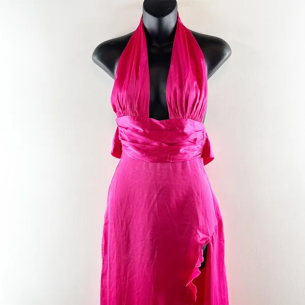 Lucy In The Sky Plunge Tie Back Ruffle Slit Satin Maxi Dress Gown Pink XXS - Image 6
