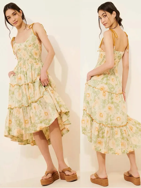 Free People Bohemian Dainty Cottage Adriel Tiered Midi Dress Ivory Floral Small - Image 3