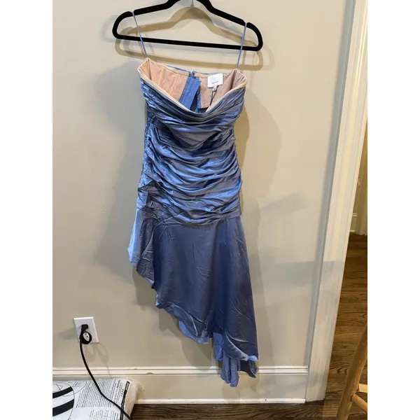 $565 Cinq à Sept Women's Blue Silk Strapless Ruched Asymmetrical Dress Size 4 - Image 4