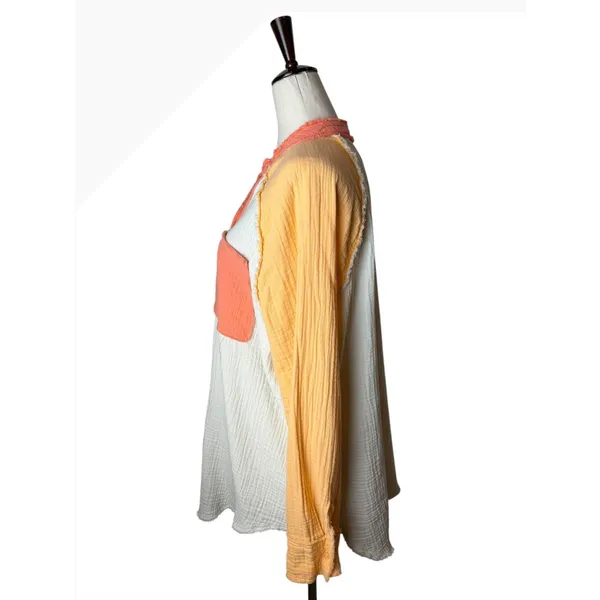Aerie‎ Gauzy Coverup Shirt Women Small Mango White Colorblock Cotton Oversized - Image 5