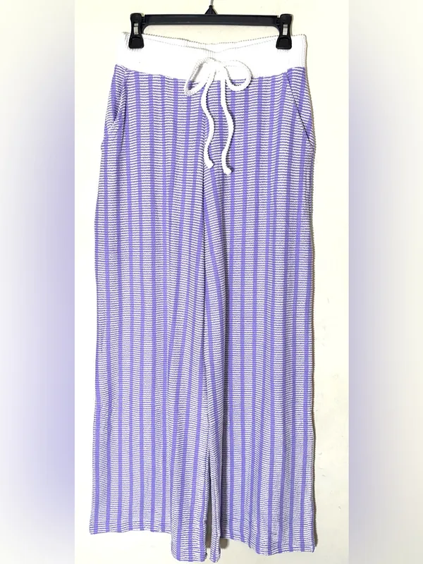 Zenana Raised Rib Striped Pullover & Wide Leg Pants Set Womens Lavender Sz Small - Image 5