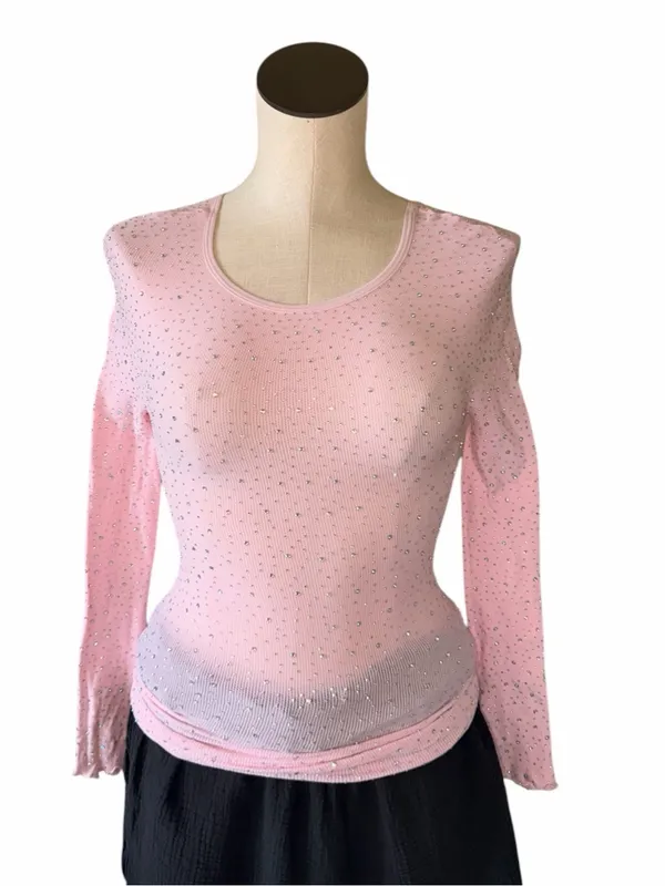 NWOT FREE PEOPLE Night Sky Long Sleeve Top Rhinestone Light Pink XS/S Bedazzled - Image 2