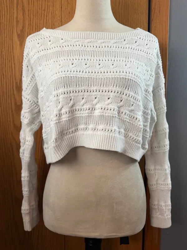Hollister White Cropped Pointelle Open Knit Sweater Top Size Small - Image 3