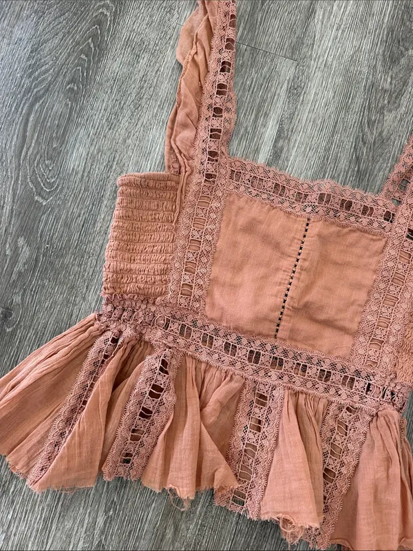 Free People rust orange lace trim boho tank top blouse medium - Image 2