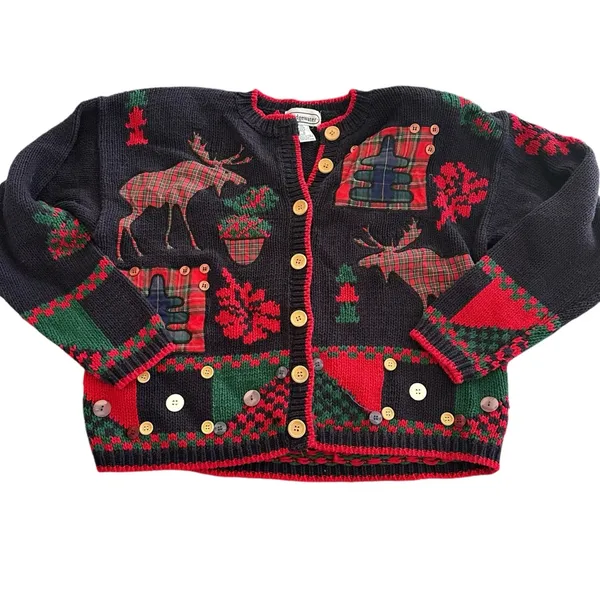Vintage Bridgewater Women's Festive Navy and Red Sweater Cardigan - Image 2