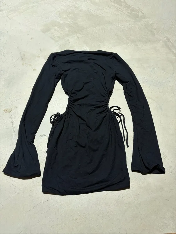 Oh Polly Black Long-Sleeve Ruched Side Tie Dress 4 - Image 7