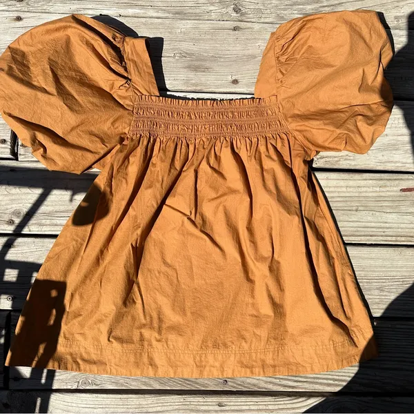 Maeve By Anthropologie Puff-Sleeve Smocked Blouse in Rust Orange, Size M, NWOT - Image 3