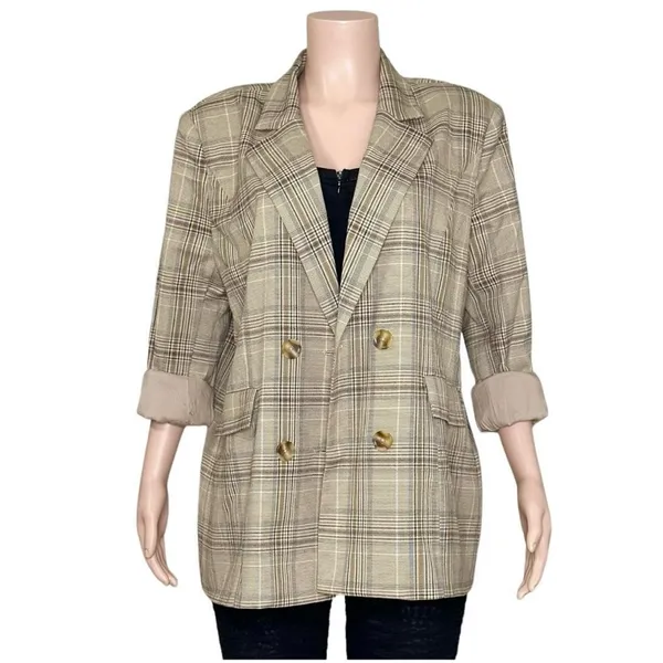 MAJORELLE Rhea Double-Breasted Blazer, Tan Plaid, XL - Image 8