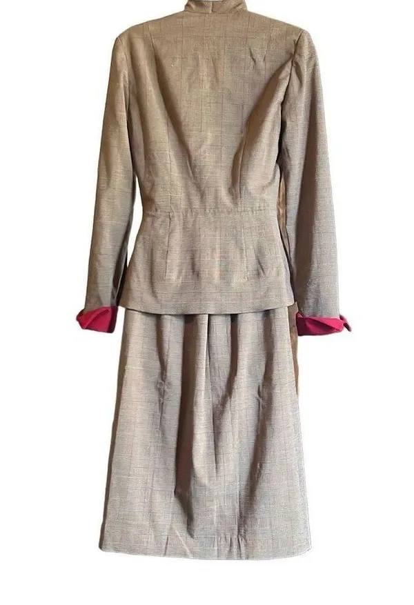 Brown Red Plaid Womens Small Custom Made Peplum Button Up Retro 1951 Suit OOAK - Image 3