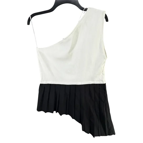 Zara One‎ Shoulder Top Womens L White Black Contrasting Pleated Hem Asymmetrical - Image 5