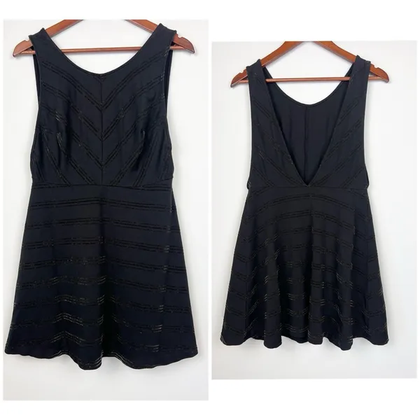 Free People Black Textured Fit & Flare L Mini Dress Deep V Back 0 Boho Chic - Image 3
