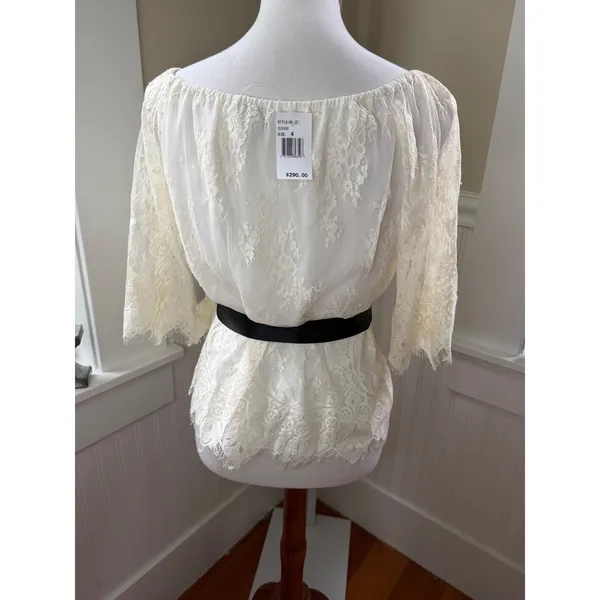 NWT Teri Jon Ivory‎ Lace Off Shoulder Blouse Black Satin Belt Size 4 - Image 3