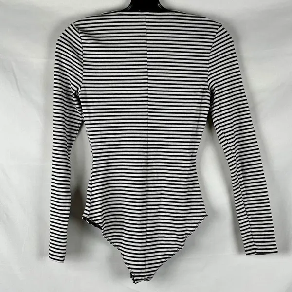 Who What Wear Black White Striped Lace Up Neck Long Sleeve Bodysuit XS - Image 2