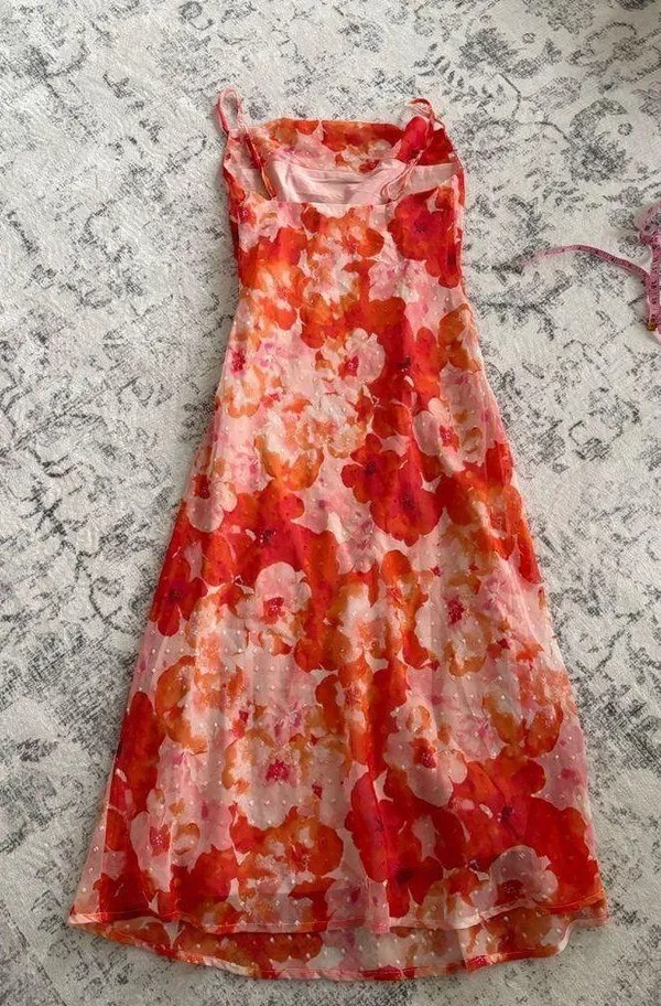 Lulus Pink Floral Swiss Dot Cowl Neck Midi Dress Size Small - Image 6