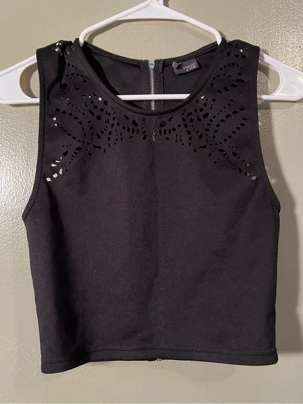 Sparkle & Fade Women's Size Medium Laser Cut Crop Top Black Zip Back High Neck - Image 2