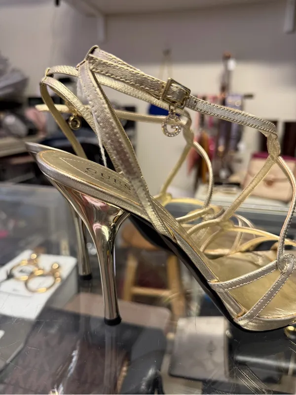 GUESS by Marciano Gold Strappy Heels Sandals Size 9.5 - Wedding Guest Glam - Image 4