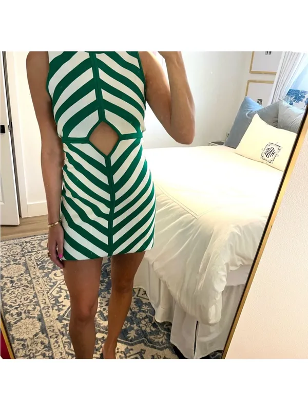 Staud bondi chevron print sleeveless cut out knit mini dress size S - Image 2