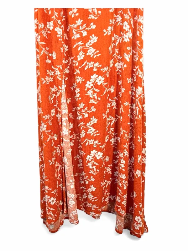 LULUS Women’s Garden Date Red Orange Floral Print Ruffle Midi Dress size XXS - Image 9