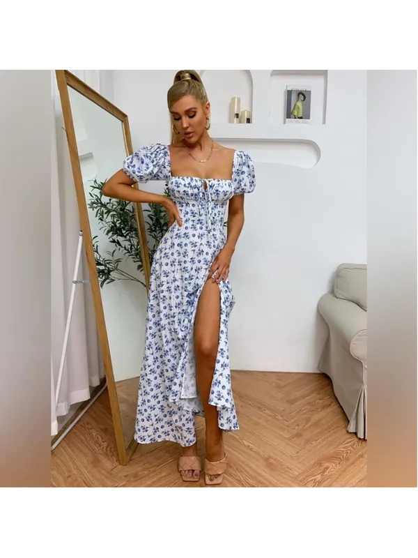 NEW Puff Sleeve Floral Split Maxi Flowy A Line Beach Dress M $59 - Image 3