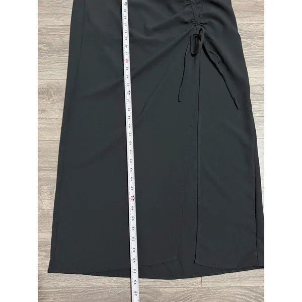 New Material Girl Midi Dress L Caviar Black Ruched Side Slit Cocktail Prom Edgy - Image 8