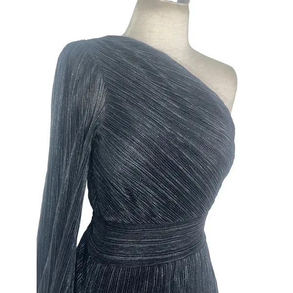 Saylor Alora Dress in Black Metallic Womens Plisse One Shoulder Midi - Image 7