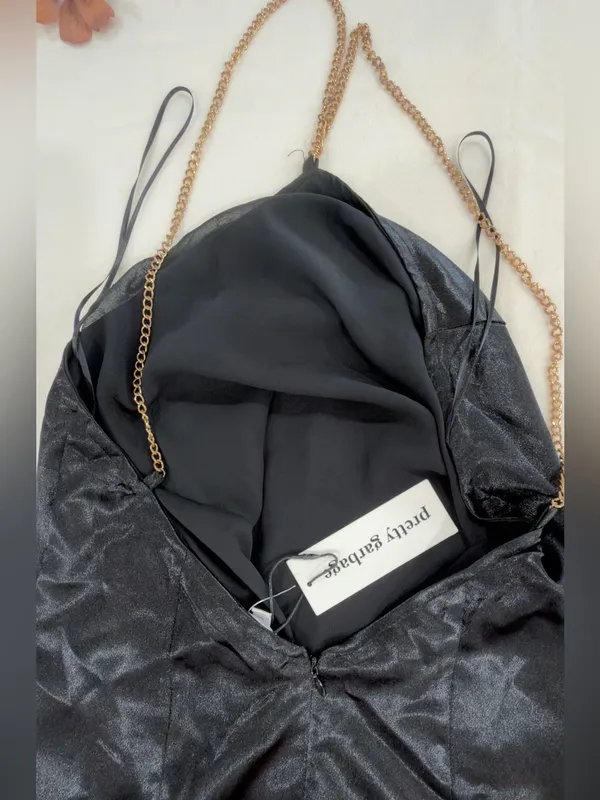 Pretty garbaje Black Satin Mini Dress with Gold Chain Straps - Image 5