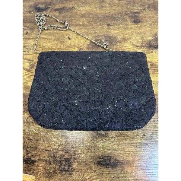 Vintage Black Floral Lace Glitter Evening Bag Gold Tone Chain Strap Formal Purse - Image 10