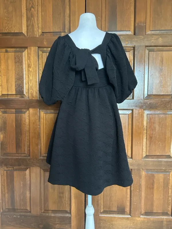Free People Violet Mini Dress Black Textured Puff Sleeve Empire‎ Waist XS - Image 4