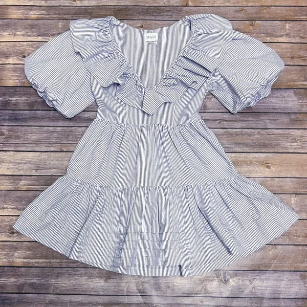 Saylor Blue White Stripe Zerina Plunging V Neck Puff Short Sleeve Mini Dress S - Image 7