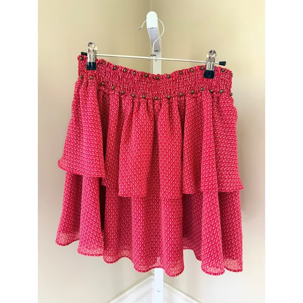 Maison Scotch Tiered Ruffle Mini Skirt Smocked Red Print Size 2 - Image 2
